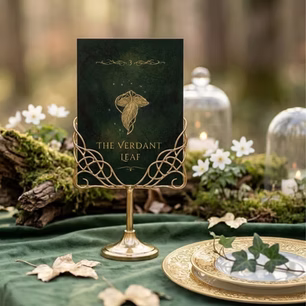 Tarjeta verde de número de mesa con hojas sobre una mesa inspirada en el bosque.