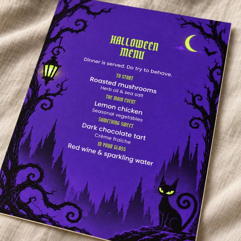 Menú Black Cat de Halloween en lila, amb un castell i arbres retorçats