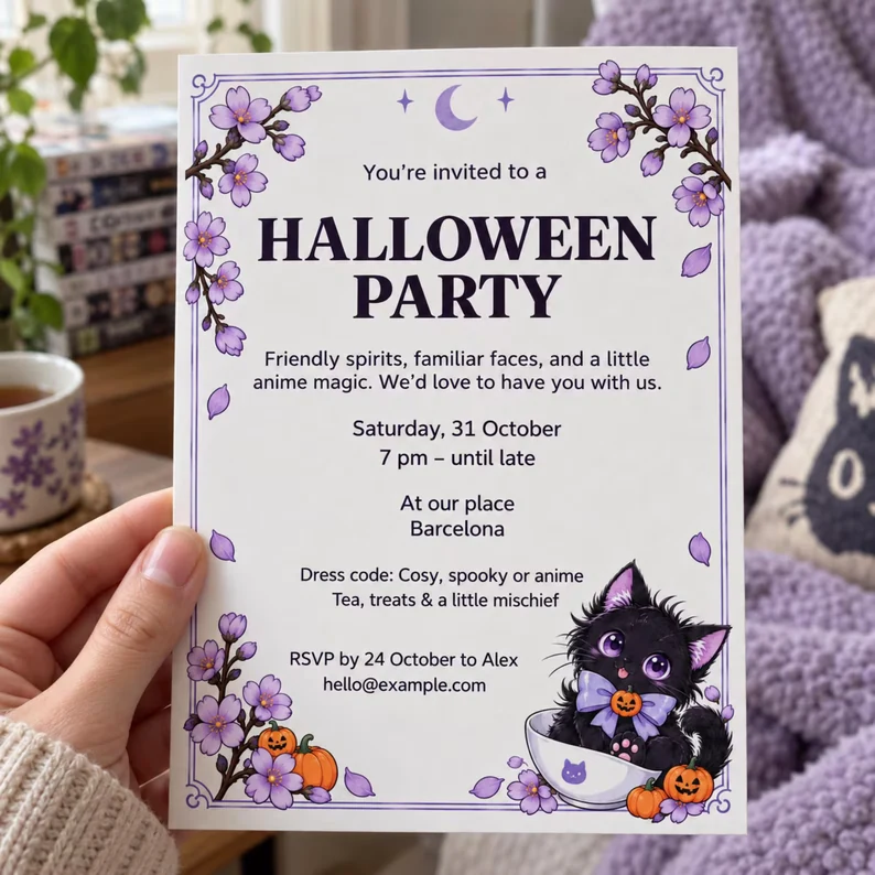 Invitació Kawaii de Halloween sostinguda amb una mà, amb flors liles i un gatet dins d’una tassa