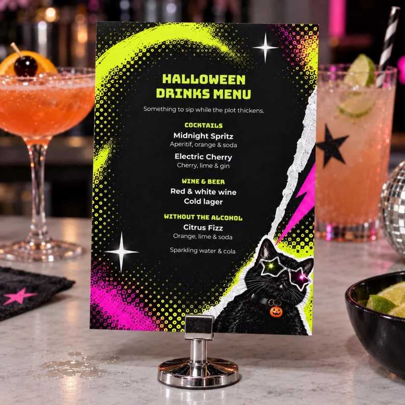 Carta de begudes Retro de Halloween al costat d’uns còctels