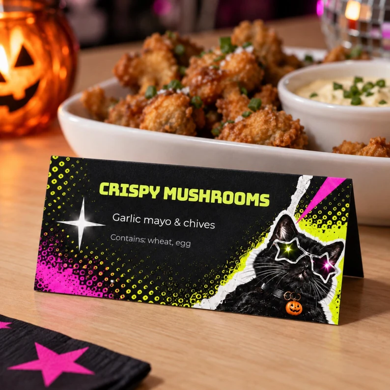 Etiqueta de menjar Retro per a Halloween, amb un gat negre i detalls en rosa i verd llima