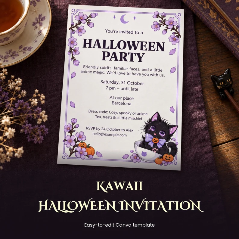 Invitació blanca Kawaii de Halloween, amb flors liles, carbasses i un gatet negre dins d’una tassa