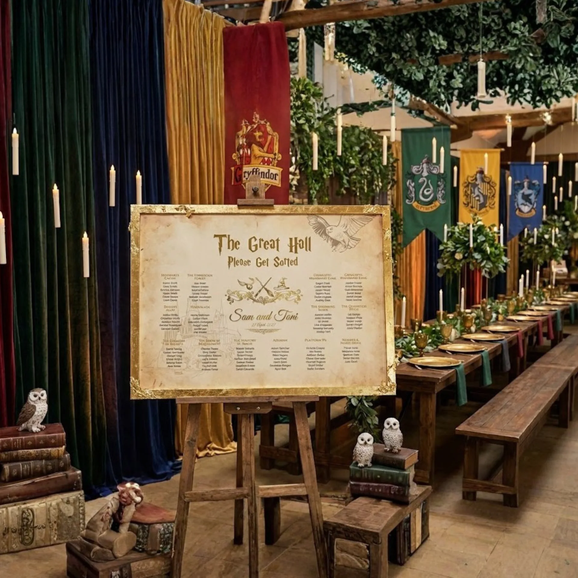 Una recepció de casament inspirada en el món màgic amb un plànol de taules Great Hall i estendards de les cases